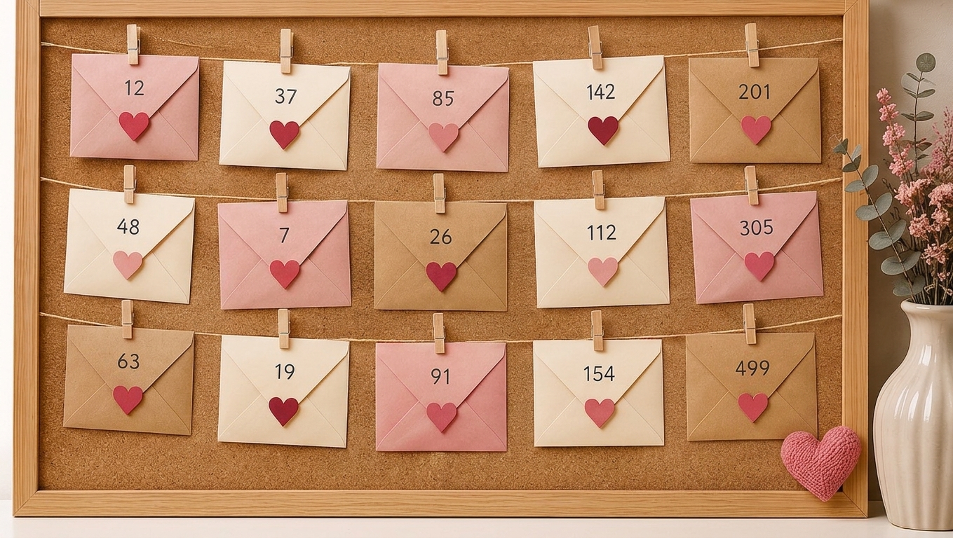 Pinnwand mit echten Papierumschlägen und Herzen